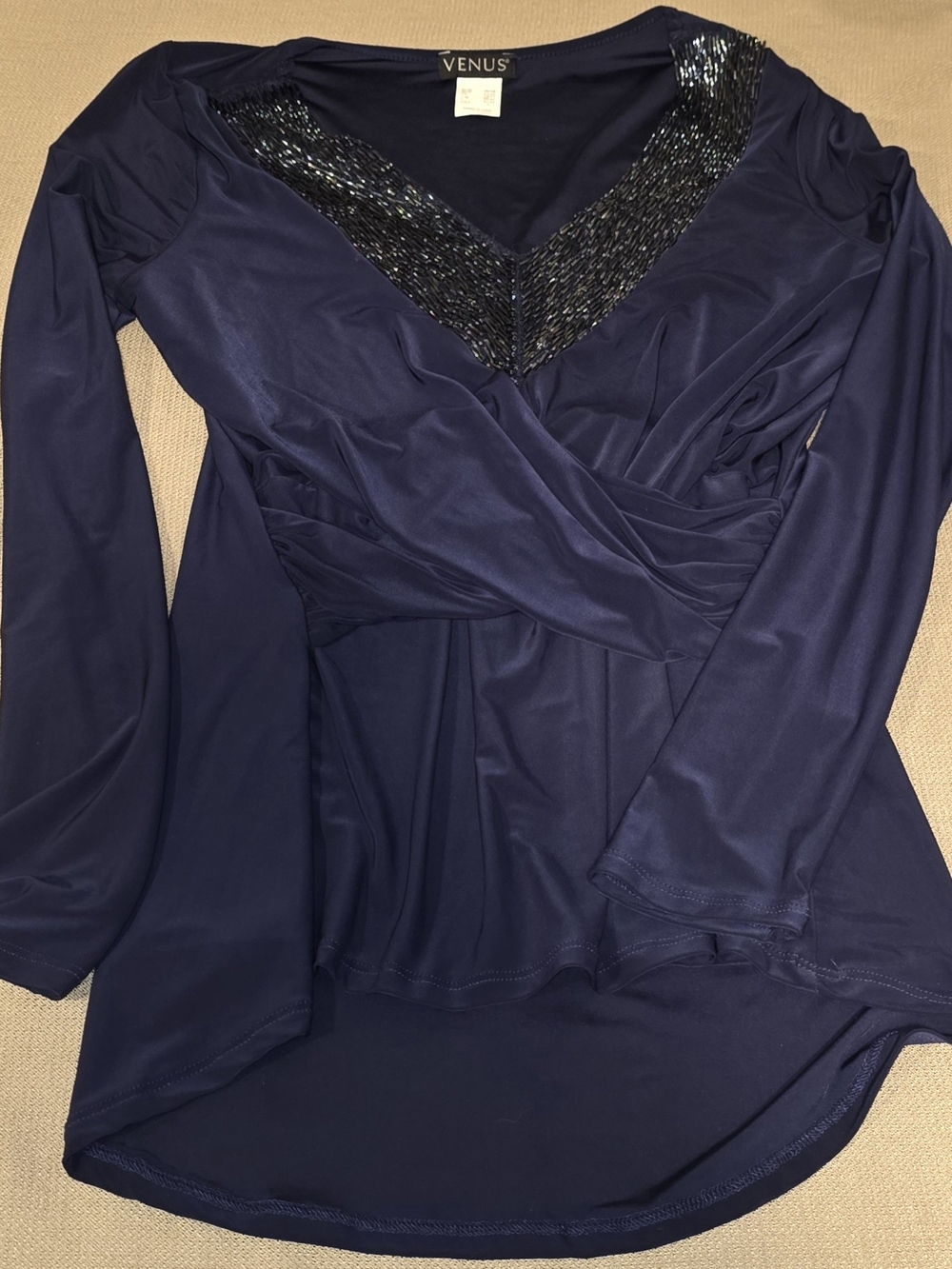 VENUS Navy Long Sleeve V-Neck Top with Beaded Trim